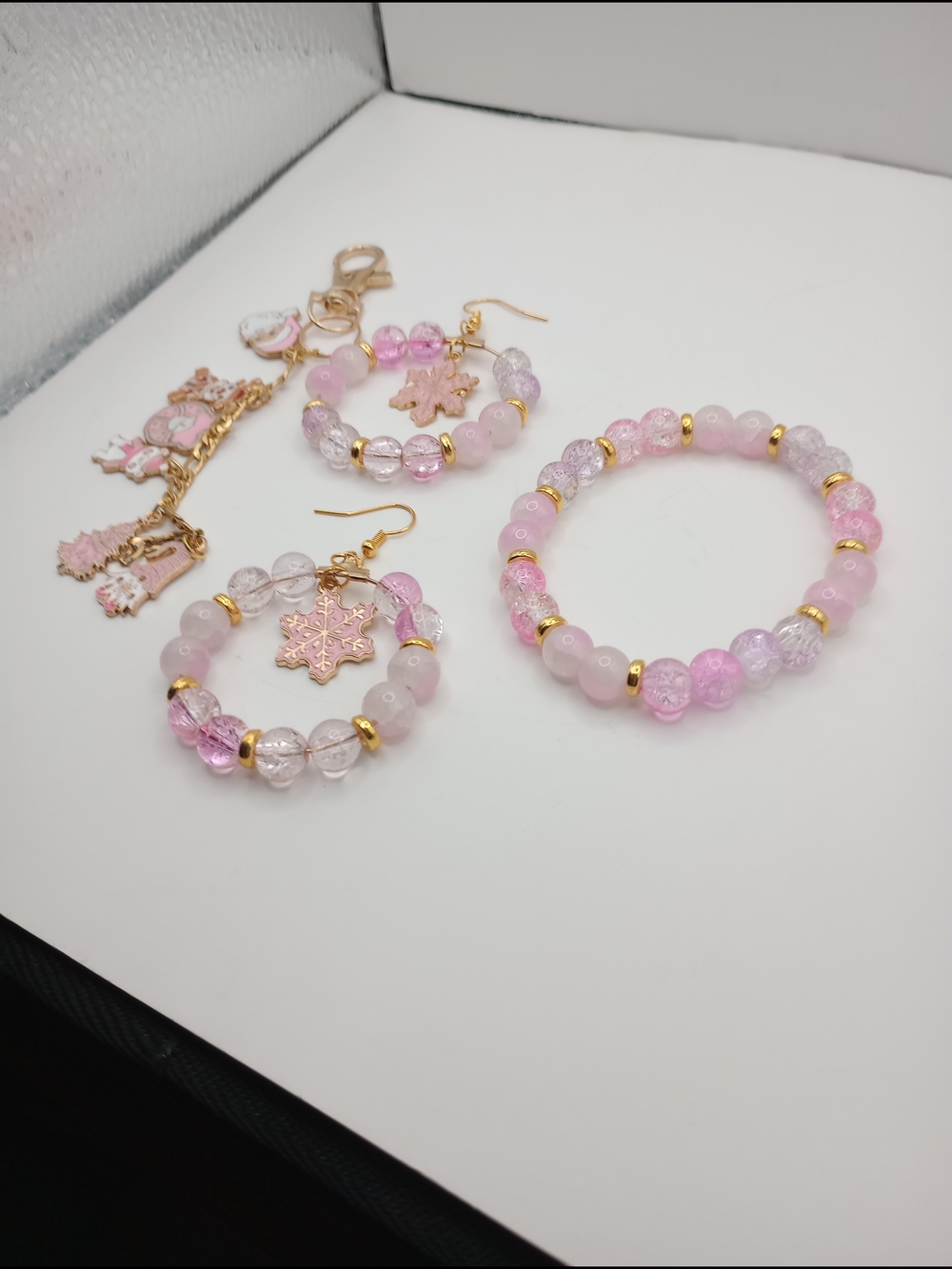 Handmade Pink Beaded Bracelet & Earring Set with Gold Accents